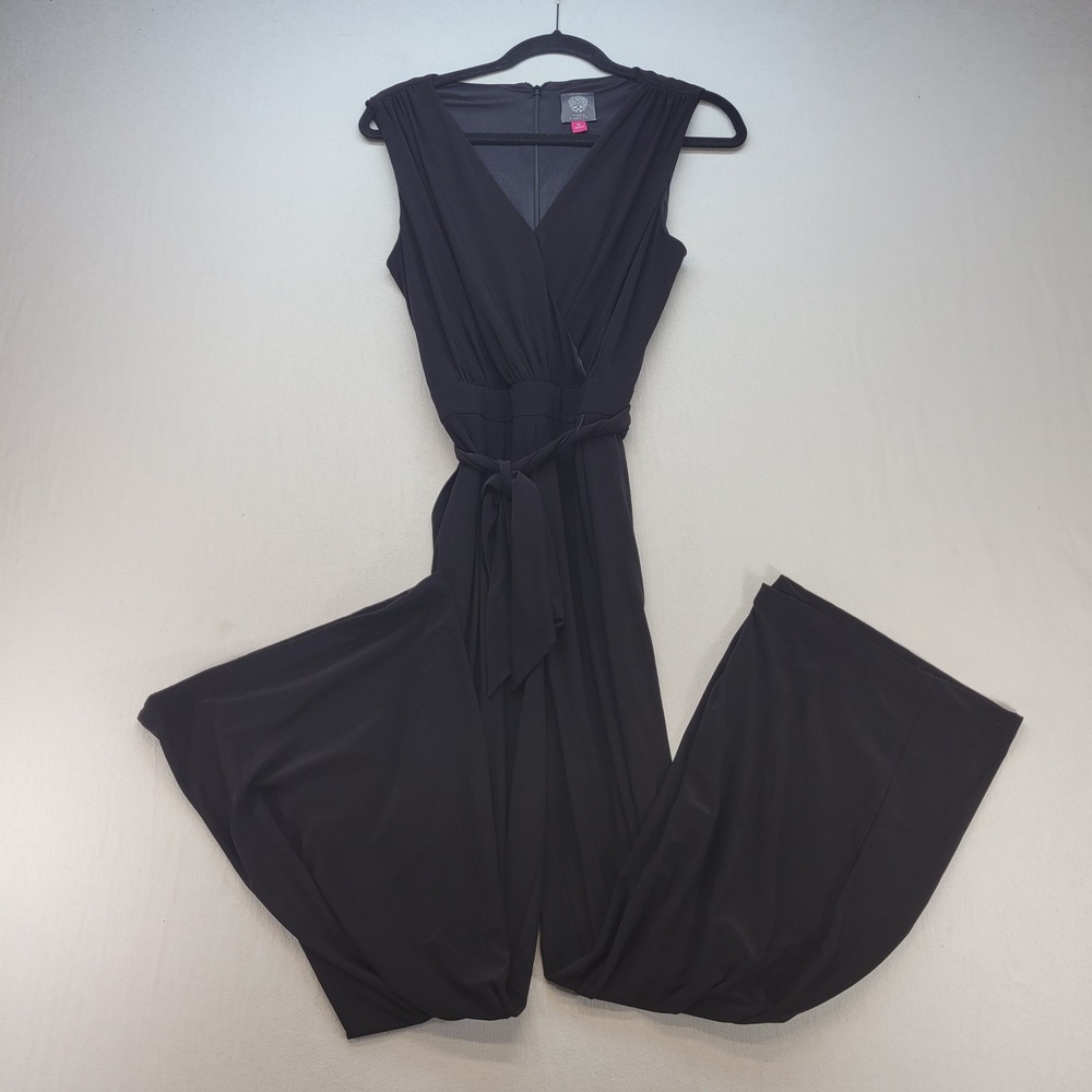 Vince Camuto Jumpsuit Womens Medium Black Wide Leg Sleeveless Wrap Tie Waist